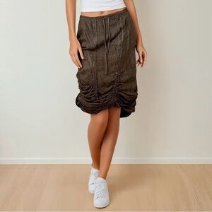 Cut Loose Linen Brown Ruched Drawstring Women's Relax Lagenlook Midi Skirt Sz S